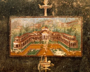 Paysage et architecture dans la peinture murale du tablinum, 3ème style pompéien, Maison de Marco Lucrezio Fronto, de Pompéi, Campanie, Italie