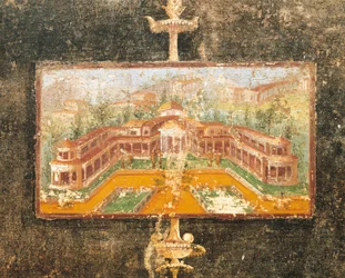 Paysage et architecture dans la peinture murale du tablinum, Maison de Marcus Lucretius Fronto, Pompéi, Campanie, Civilisation Romaine