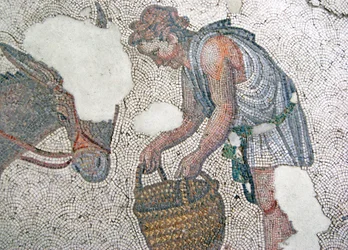 Mosaïque représentant un homme nourrissant sa mule, Bazar d