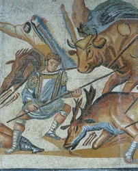 Mosaïque montrant une scène de chasse aux bêtes sauvages (détail)