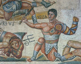 Mosaïque représentant une scène de gladiateurs combattant, détail d