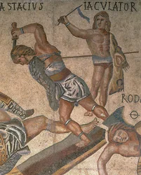 Mosaïque montrant une scène de gladiateurs combattants (détail)