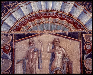 Neptune et Amphitrite (détail). Mosaïque murale du triclinium de la casa di Nettuno e Anfitrite, 5e siècle av. J.-C.-1er siècle apr. J.-C.