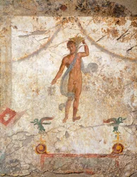 Peinture du quatrième style pompéien représentant un Génie avec un panier et une situle