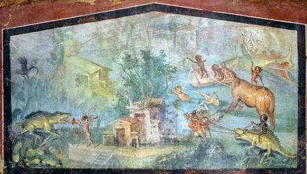 Peinture sur plâtre représentant une scène nilotique avec des pygmées attaquant des crocodiles et des hippopotames, de Pompéi (Liste du patrimoine mondial de l