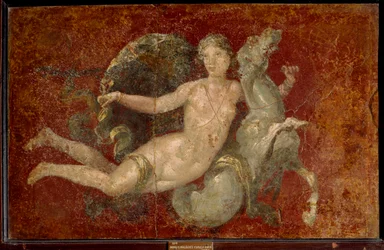 Art romain : une femme chevauchant un cheval marin. Fresque provenant de Stabies. Naples, Musée archéologique national