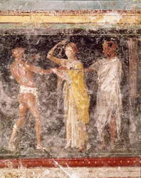 Art romain : scène de combat entre un homme et une femme provenant de la frise de la salle C, Villa Farnesina, Rome, Museo Nazionale Romano