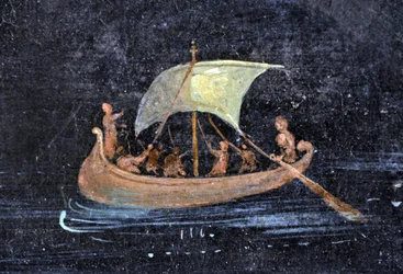 Art romain : scène fluviale - bateau et marins sur un fleuve - fragment d