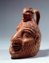 Art romain : vase en terre cuite en forme de double tête