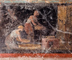 Art romain : femmes effectuant des travaux ménagers, provenant de la frise de la salle C, Villa Farnesina, Rome, Museo Nazionale Romano