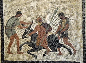 Silène ivre : Silène ivre monte un âne tenu par deux serviteurs. Mosaïque de Pompéi, maison de Paquius Proculus ou de C. Cuspius Pansa. Musée archéologique national de Naples, Italie. Photo Patrice Cartier.