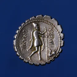 Ulysse reconnu par son chien Argo. Pièce de monnaie romaine en argent, 83 av. J.-C.