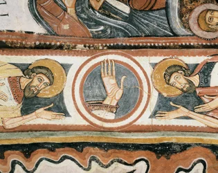 Art roman : La main droite de Dieu et les patriarches Élie et Hénoc (ou Enoch). Détail. Fresque de l
