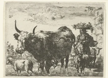Bergère avec panier sur la tête, une vache, deux chèvres et deux moutons dans l