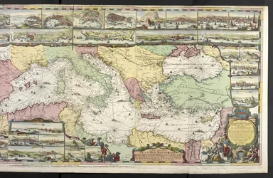Carte de la Méditerranée avec figures allégoriques et monstres marins, de 