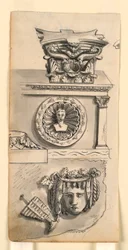 Dessins pour un chapiteau, un sarcophage et un relief