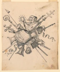 Dessin, trophée avec objets ecclésiastiques, 1830-1850