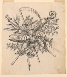 Dessin, trophée avec sablier ailé, 1830-1850