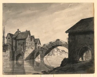 Décor de scène, pont sur une rivière dans une ville