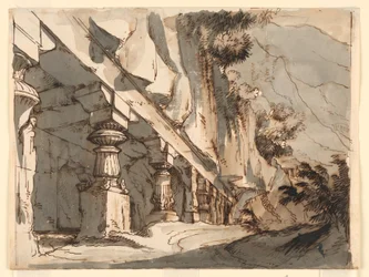 Décor de scène, grotte et temple