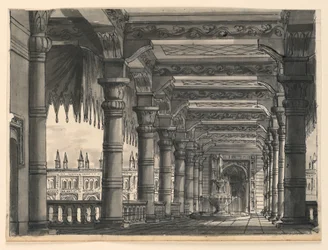Décor de scène, loggia avec fontaine dans un palais oriental