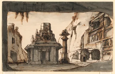 Décor de scène, bâtiments orientaux parmi des grottes et des rochers