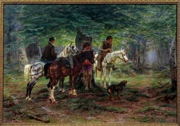 Cavaliers surpris par la pluie, XVIIe siècle. Dans une forêt, des hommes à cheval s