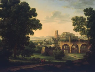 Paysage avec ruines et voyageurs