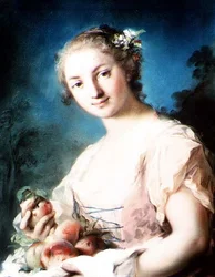 Été : une fille tenant des pêches
