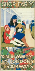Achetez tôt, voyagez confortablement avec les tramways de Londres, affiche des tramways du London County Council, 1928