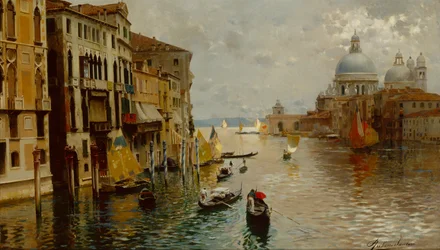 Gondoles sur le Grand Canal, la Dogana et Santa Maria della Salute au-delà, Venise