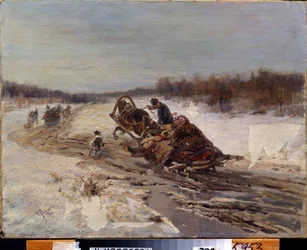 Mardi gras. Un homme et une femme chantent et sourient dans un traîneau. Ils célèbrent la période précédant le début du Carême, durant laquelle on mange gras. Peinture de Rudolf Ferdinandovich Frenz (1831-1918)