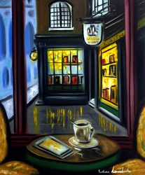 Café et librairie, 2025 (huile sur toile)