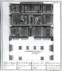 Vue en coupe de la Salle des Raretés vers le sud, illustration dans Chambers of the St. Petersburg Imperial Academy of Sciences Library and Gallery showing Plans, Facades and Profiles par Johann
