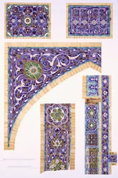 Carrelage décoratif en bleu, vert et crème avec des contours dorés, pub. 1905