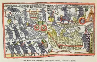 Procession funéraire de souris pour un chat mort, caricature sur l