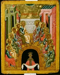 La Descente du Saint-Esprit, icône russe de la cathédrale Sainte-Sophie, école de Novgorod, XVe siècle