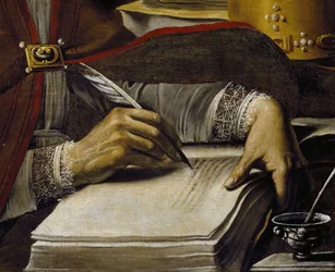 Mains écrivant avec une plume, détail de Saint Ambrouse