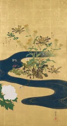 Plantes fleuries des quatre saisons et un ruisseau