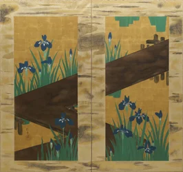 Iris et pont octuple, paravent à deux panneaux, vers 1820 (encre, couleur et feuille d