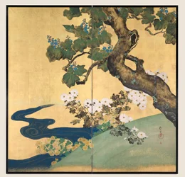 Paulownias et chrysanthèmes, paravent à deux volets
