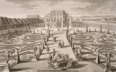 Maison et jardin autrichiens, gravé par Johann August Corvinus, publié vers 1730-40