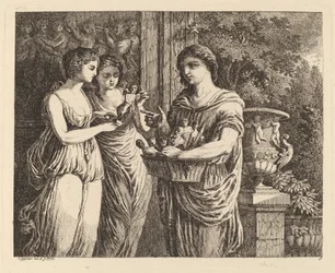 Vendeur de figurines avec deux filles