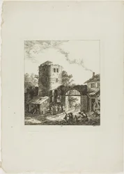 Procession à travers une porte rustique