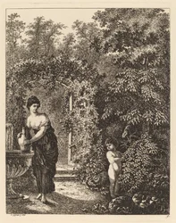 Putto visitant une fille à une fontaine