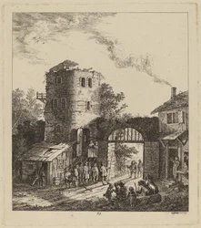 Villageois à la porte de la ville saluant un dignitaire