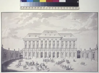 Pleine page : Palais des jardins Liechtenstein, Vienne, vue de face du palais (plume, pinceau et encre)