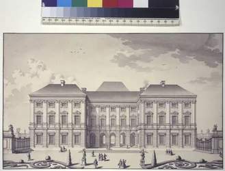 Pleine page : vue de la façade du jardin du palais Liechtenstein à Rossau (dessin à la plume et à l