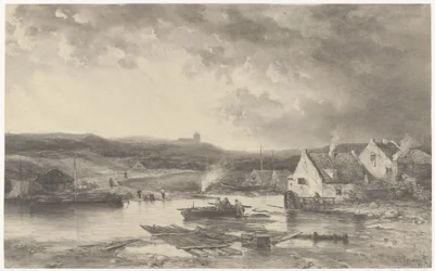 Paysage fluvial avec quelques maisons et un moulin à eau