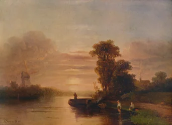 Coucher de soleil sur une rivière, avec moulin à vent et cottage, 1848, 1938